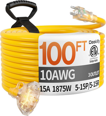 100 Ft 10 Gauge Heavy Duty 3 Outlet Extension Cord Splitter with Indicator, Wate
