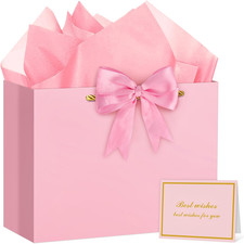 Pink Gift Bag Large Birthday Gift Bags with Handles, 1 Ribbon, 4 Tissue Paper, 2