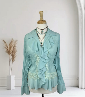 Blue Sheer Ruffle Blouse Fairy Whimsy Boho Hippie Dreamy Ethereal Cottage Y2K 10