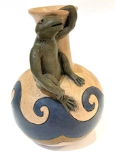 Studio Pottery Clay Green Frog Sitting on Vase Ocean Waves Heavy Unknown Artist