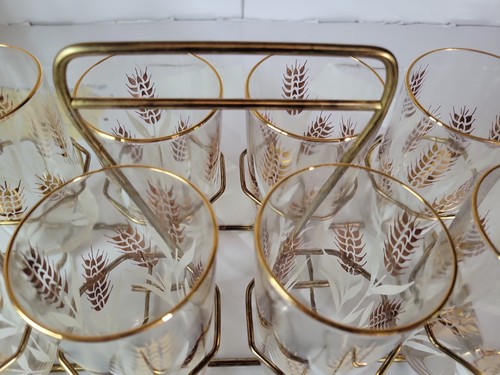 MCM "Jeanette" Wheat Pattern 8 Tumbler Glass Bar Set w/ original caddy - Picture 4 of 5