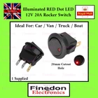12V 20A Round Rocker Switch RED Dot illuminated Black Car Van Dash Boat ON/OFF