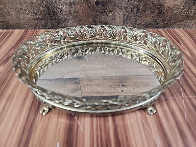 Vintage Gold Tone Filigree Footed Mirrored Trinket Dish 7 X 5