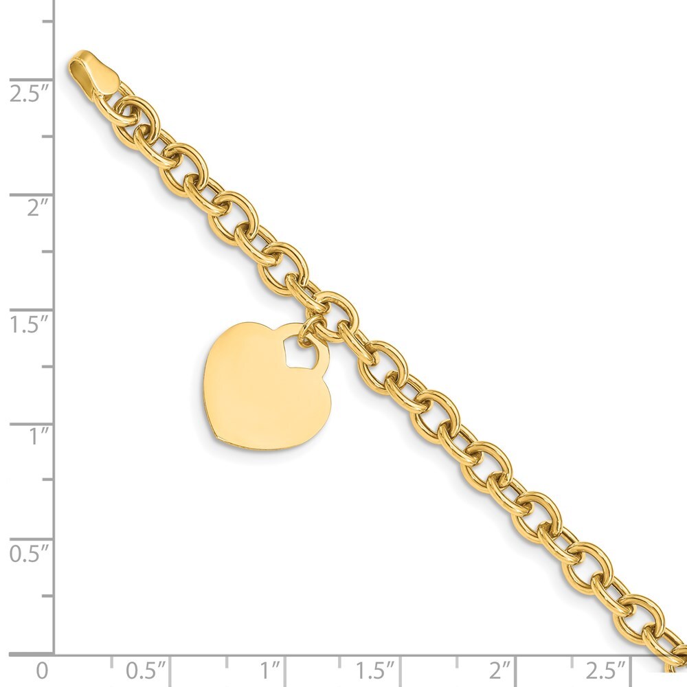 Real 14K Yellow Gold Heart Charm Hollow Chain Bracelet; 7.25 inch