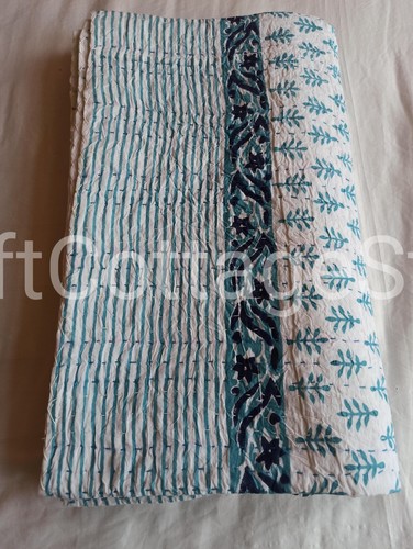 authentic Indian blue Kantha Quilt Bedspread Throw Cotton Bedcover Block Print - Picture 22 of 24