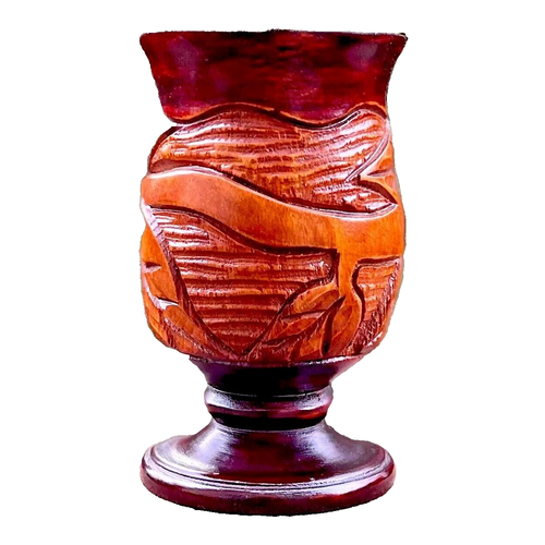 Hawaiin Brown Tiki Wood Hand Carved Foral Design Large Cup 1984 - Picture 4 of 9