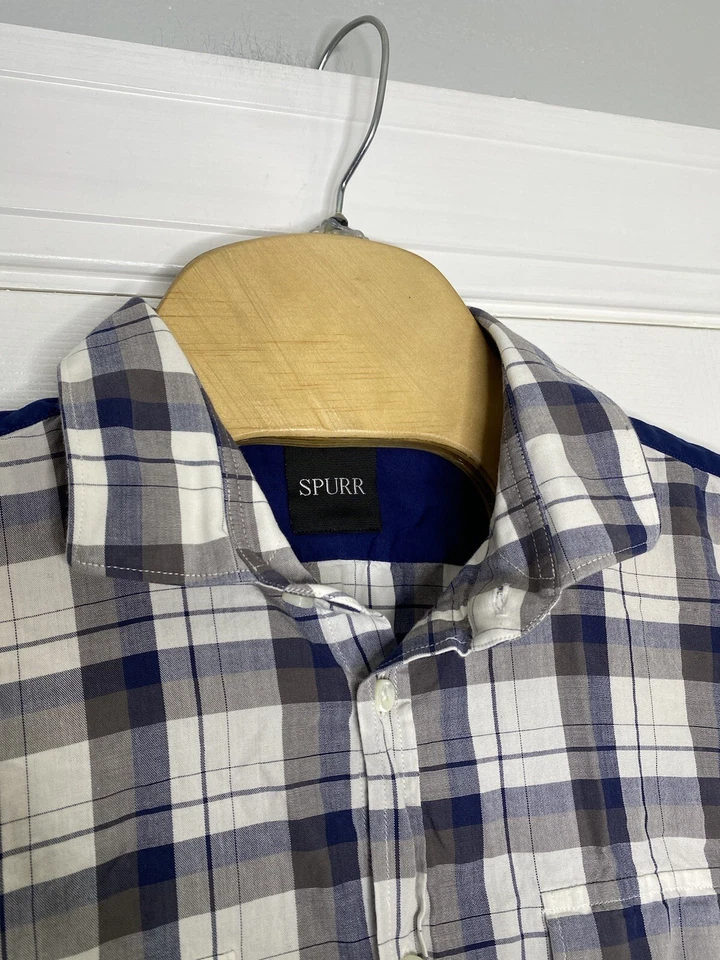 Camisa masculina Simon Spurr com botão duplo peito frontal azul branca marrom xadrez grande - Imagem 4 de 4