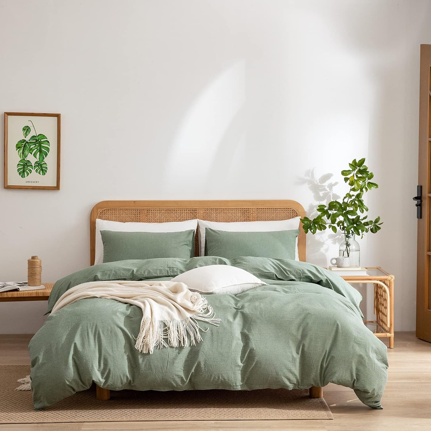 Green Duvet Cover Queen, 100% Washed Cotton Linen like Textured 3 Pieces Bedding