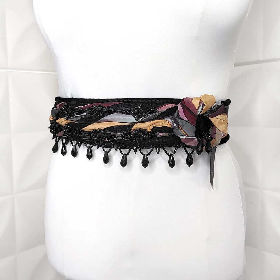 Cinto de contas glam vintage anos 80-90 Rebecca com nós roxo preto ajusta 20-37" - Imagem 3 de 4