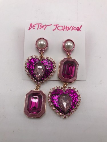$52 Betsey Johnson rose goldtone pk stone glitter heart mismatch drop earring M7 - Picture 2 of 7