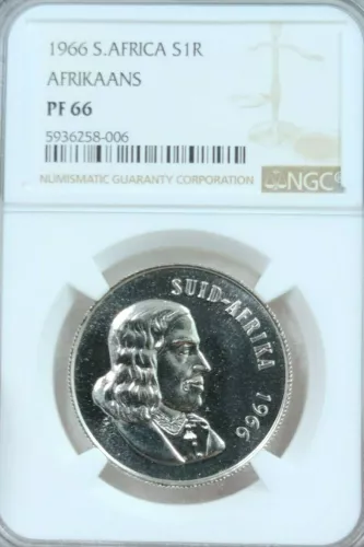 1966 SOUTH AFRICA SILVER 1 RAND AFRIKAANS NGC PF 66 HIGH GRADE BEAUTIFUL COIN