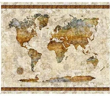 36" X 44" Panel Maps Travel Geography Globetrotter Cotton Fabric Panel D581.69