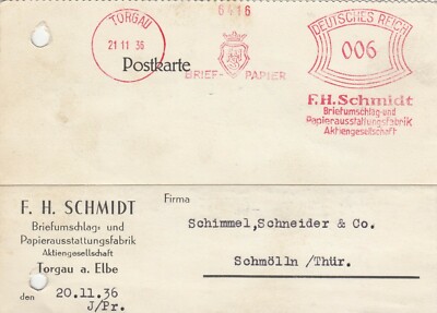 TORGAU, Postcard 1936, F. H. Schmidt Envelope Paper Equipment Factory