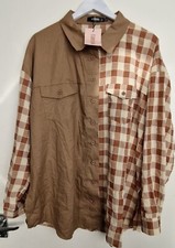 Image of Missguided Checked Contrast Oversized Shirt Brown Beige Check UK8 US4 EU36 New