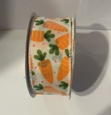 1 1/2  x 30 Ft wired ribbon. Carrots On White. Spring Easter