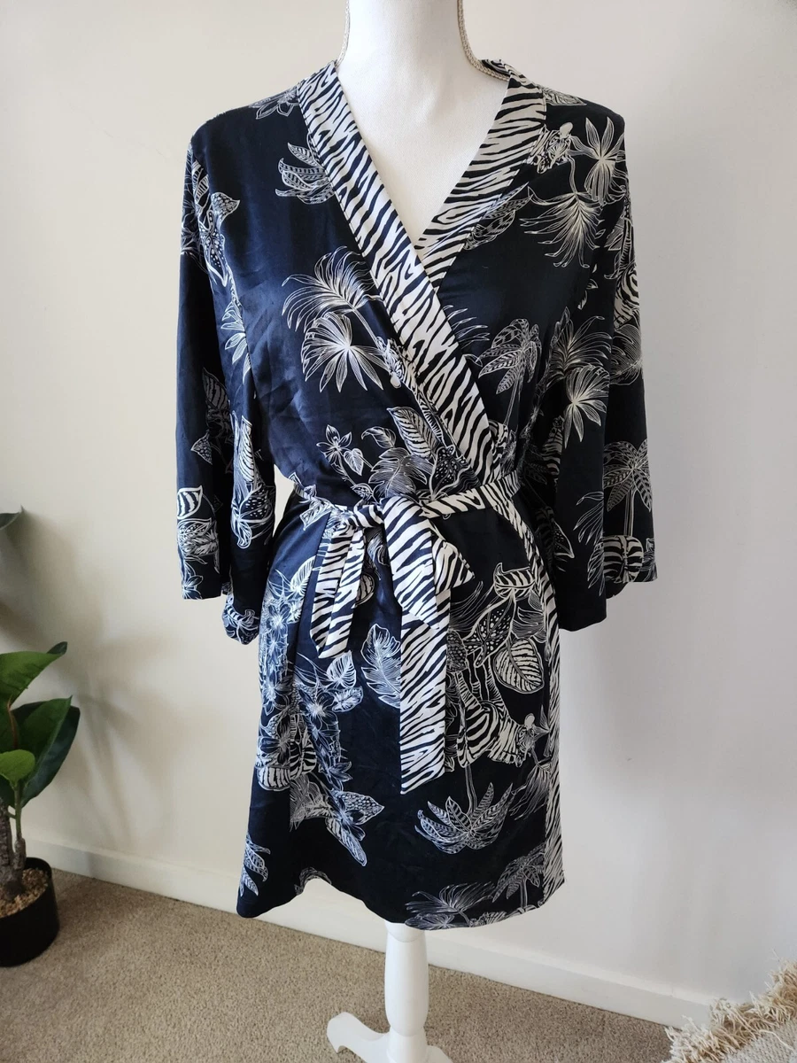 Bras N Things Silk Dressing Gown Robe Zebra Print Navy White Size