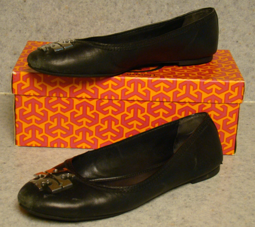 TORI BURCH black flats shoes ballet leather silver chrome logo size 10 GUC - 第 3/6 張圖片