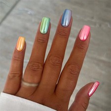Rainbow Aurora False Nail Medium Square Chrome Press on Nails for Nail Art 24pcs