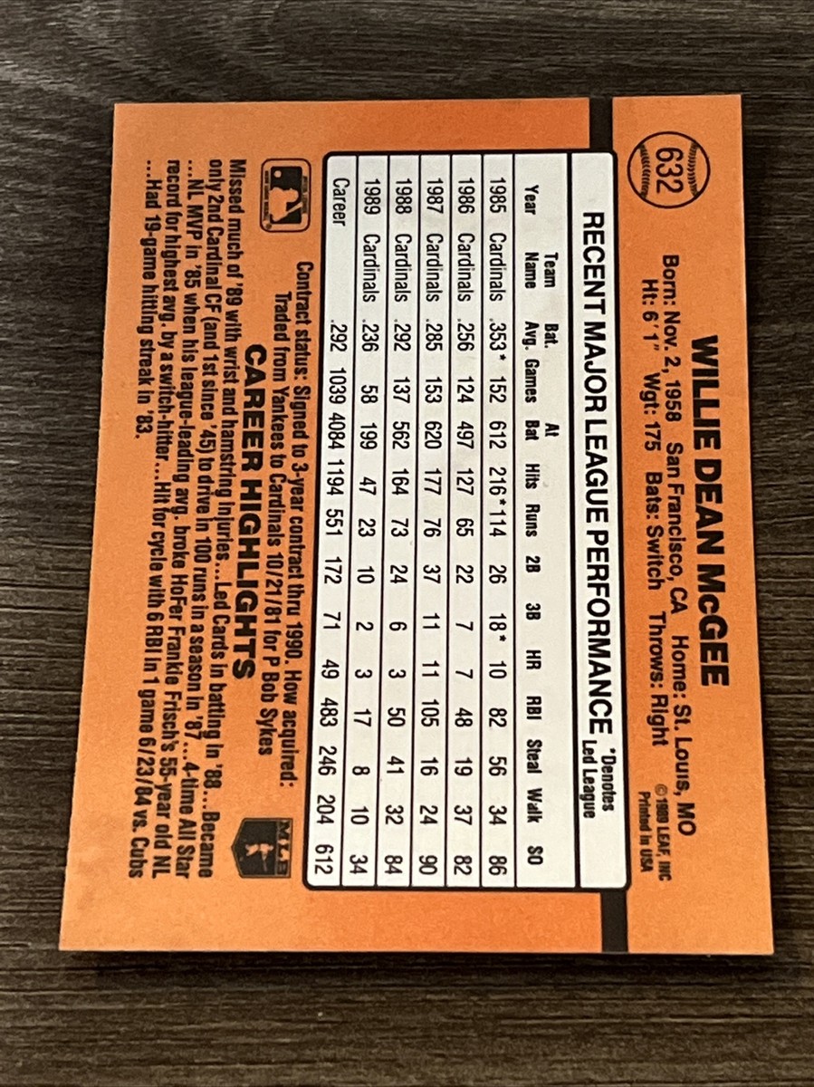 ERROR NO DOT 1990 DONRUSS BASEBALL CARD #632 WILLIE MCGEE ERROR NO DOT 1990 DONRUSS BASEBALL CARD #632 WILLIE MCGEE