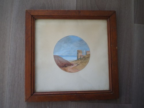 DESSIN MINIATURE RONDE AQUARELLE CLERC 1876 PAYSAGE MONTAGNE LAC DECO XIX°s - Photo 1 sur 1