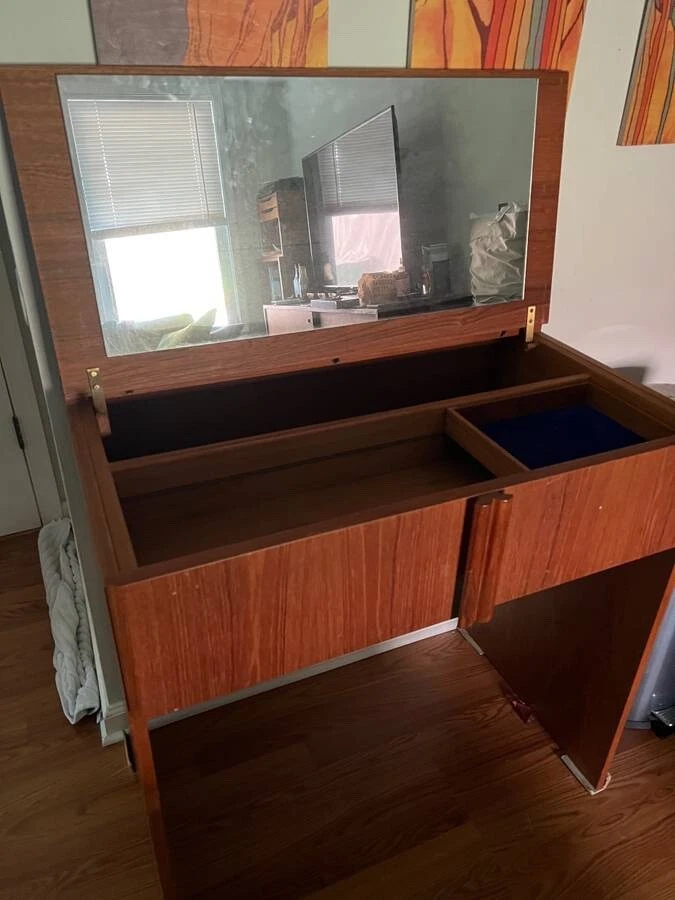 Danish Teak Vanity Table Flip Up Top with Mirror and Storage