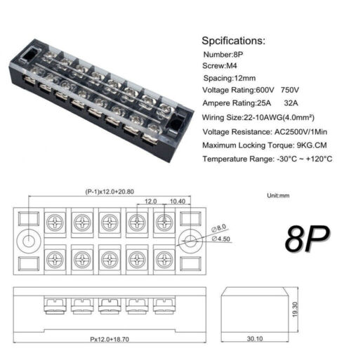 TB-2508 Dual Row 8 Position Screw Terminal Electric Barrier Strip Block 600V 25A - Picture 3 of 3