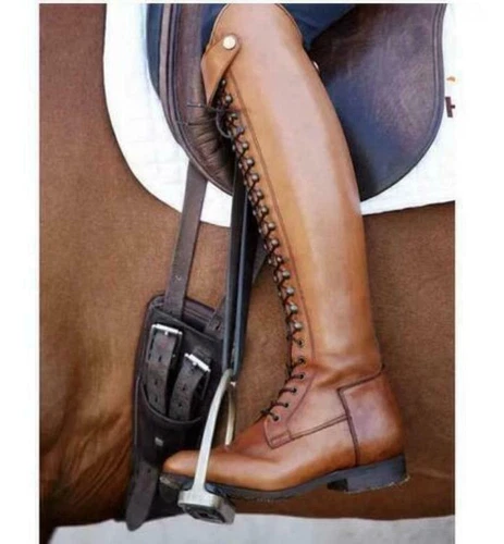 Hot Womens Boots Knee High Lace Up Shoes Stacked Heels Leather Tall Riding Boots - Bild 4 von 13