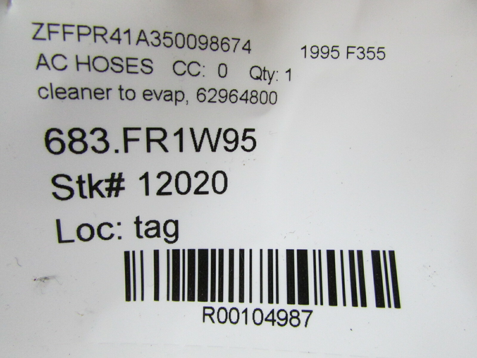 Ferrari F355, Evaporator Hose to Filter, Used, P/N 62964800