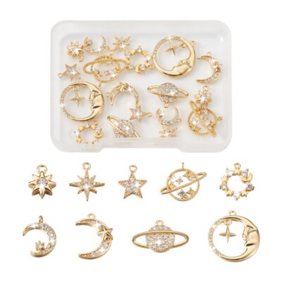 18Pcs/Box Brass Cubic Zirconia Universe Space Planet Moon Star Charms 8.5~18.5mm