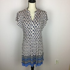Loft Mini Dress Size M Womans Pink Blue Floral Short Sleeve V-Neck Rayon Button