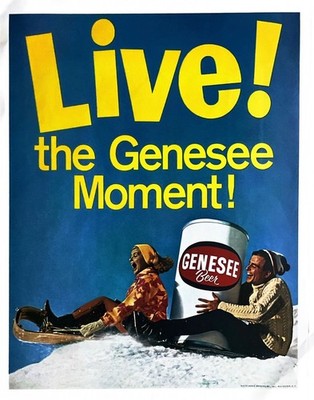 1967 GENESEE BEER Genuine Vintage Print Ad Winter Sledding Scene