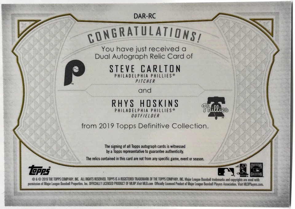 2019 Topps Definitive - Steve Carlton, Rhys Hoskins Autograph GU Patch /10 Read - Image 2 of 2