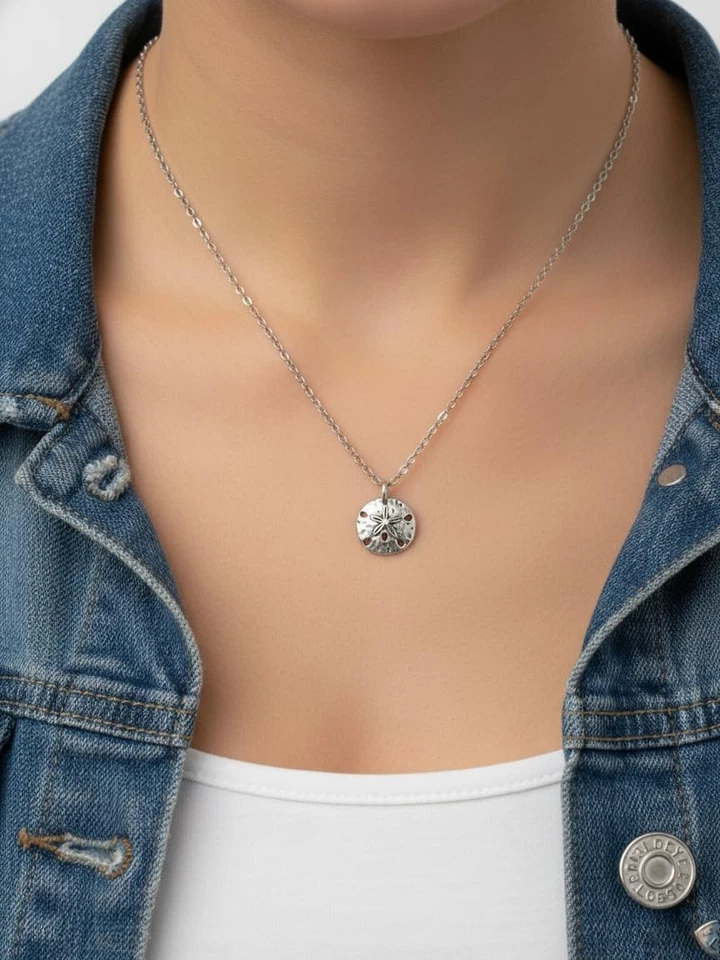 Stainless Steel Sand Dollar Sea Cookie Necklace, Handmade Beach Charm Jewelry - Image 3 of 4