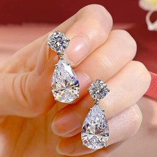 19CTTW D VVS1 Real Moissanite Women's Dangle Drop Earrings 18K White Gold Plated