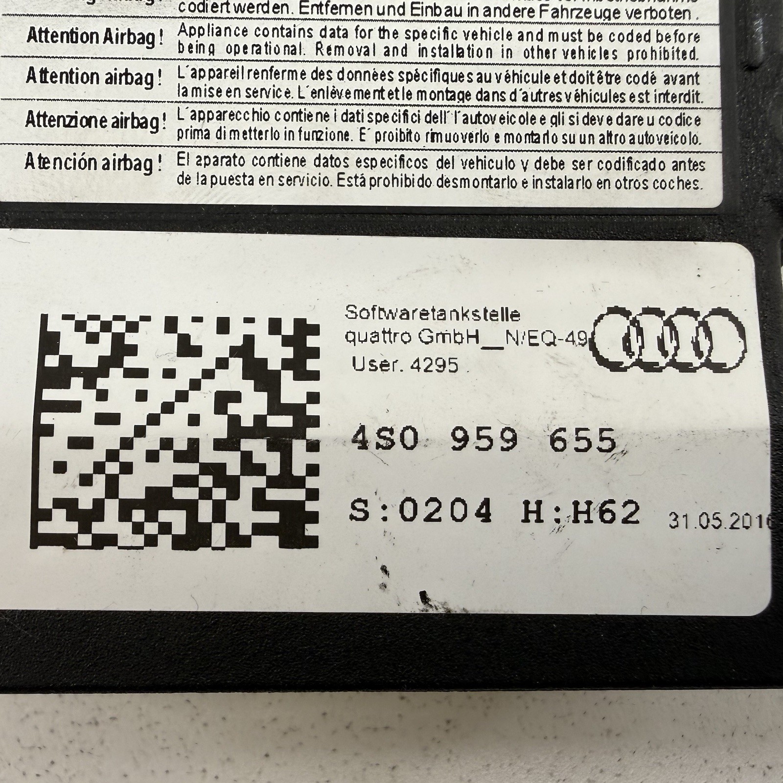 17-23 Audi R8 Airbag Air Bag SRS Restraint Module 4S0959655 OEM