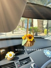 Crochet Sunflower Car Accessory, Handmade Daisy Flower, Rearview Mirror Decor