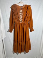In Love Rust Orange Swiss Dot Tiered Midi Dress Womens Large L Embroidered Boho