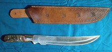 16.5 " fixed blade bowie knife with ram's horn handle and leather sheath