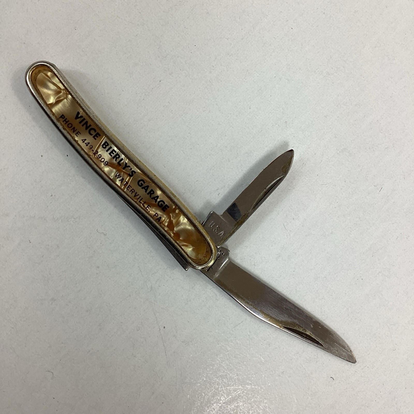 Vtg Ambassador USA Pocket Knife Advertising Vince Bierlys Garage Waterville PA