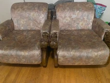Living room Couch and four chairs, sturdy decorated wood, velvet upholestery