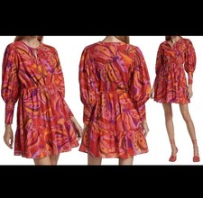 Farm Rio banana juice, pink and red, tropical, long sleeve tiered, mini dress L