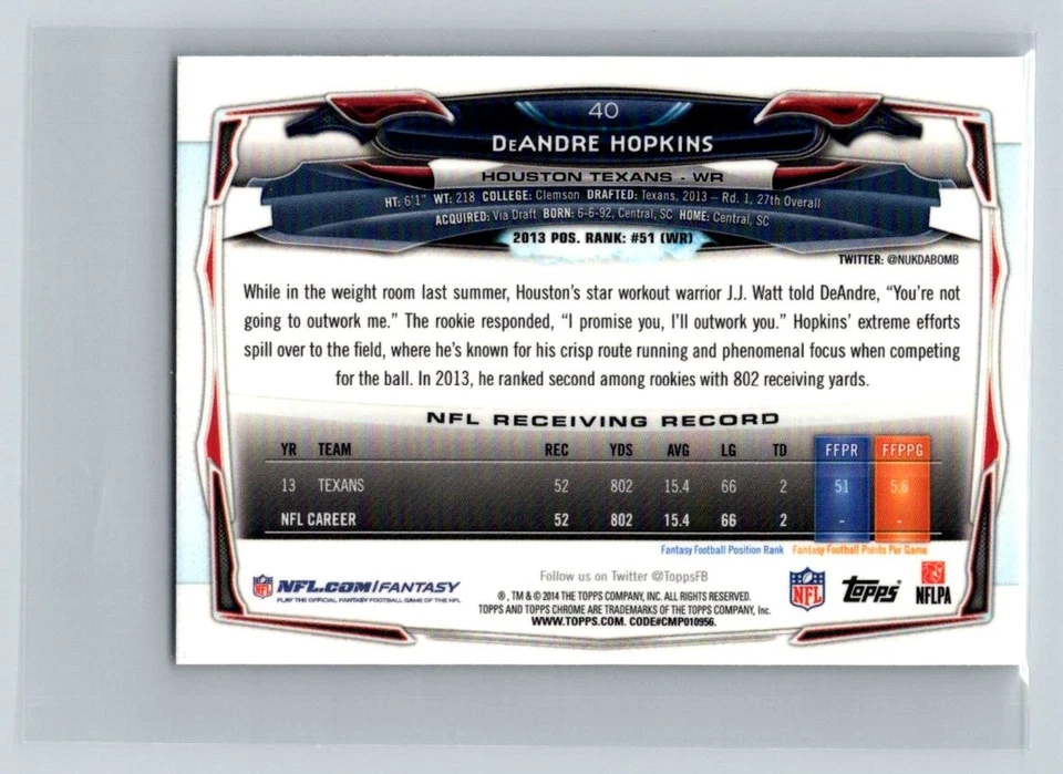 DeAndre Hopkins 2014 Topps Chrome Mini #40 - Image 2 of 2