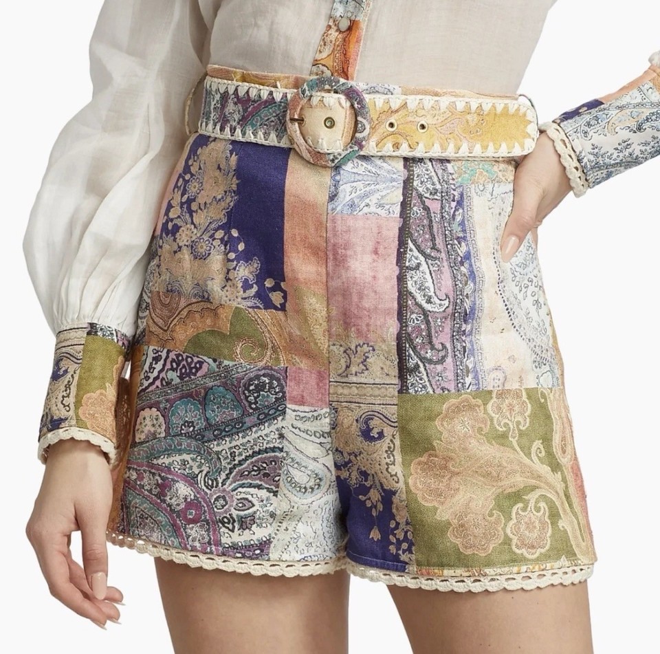 Zimmermann Anneke Shorts Size 2/ 12 AU / 8US Patchwork Linen Belted Paisley