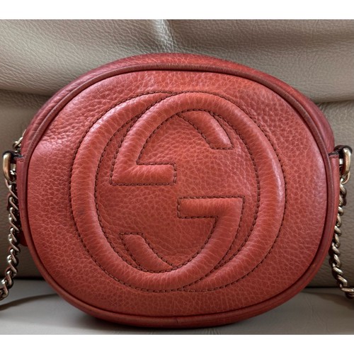 Authentic Gucci Soho Disco Orange Nubuck Leather Chain Crossbody Mini Bag