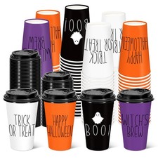 48 Pcs Halloween Coffee Cups with Lids 16 Oz Ghost Trick or Treat Coffee Paper C