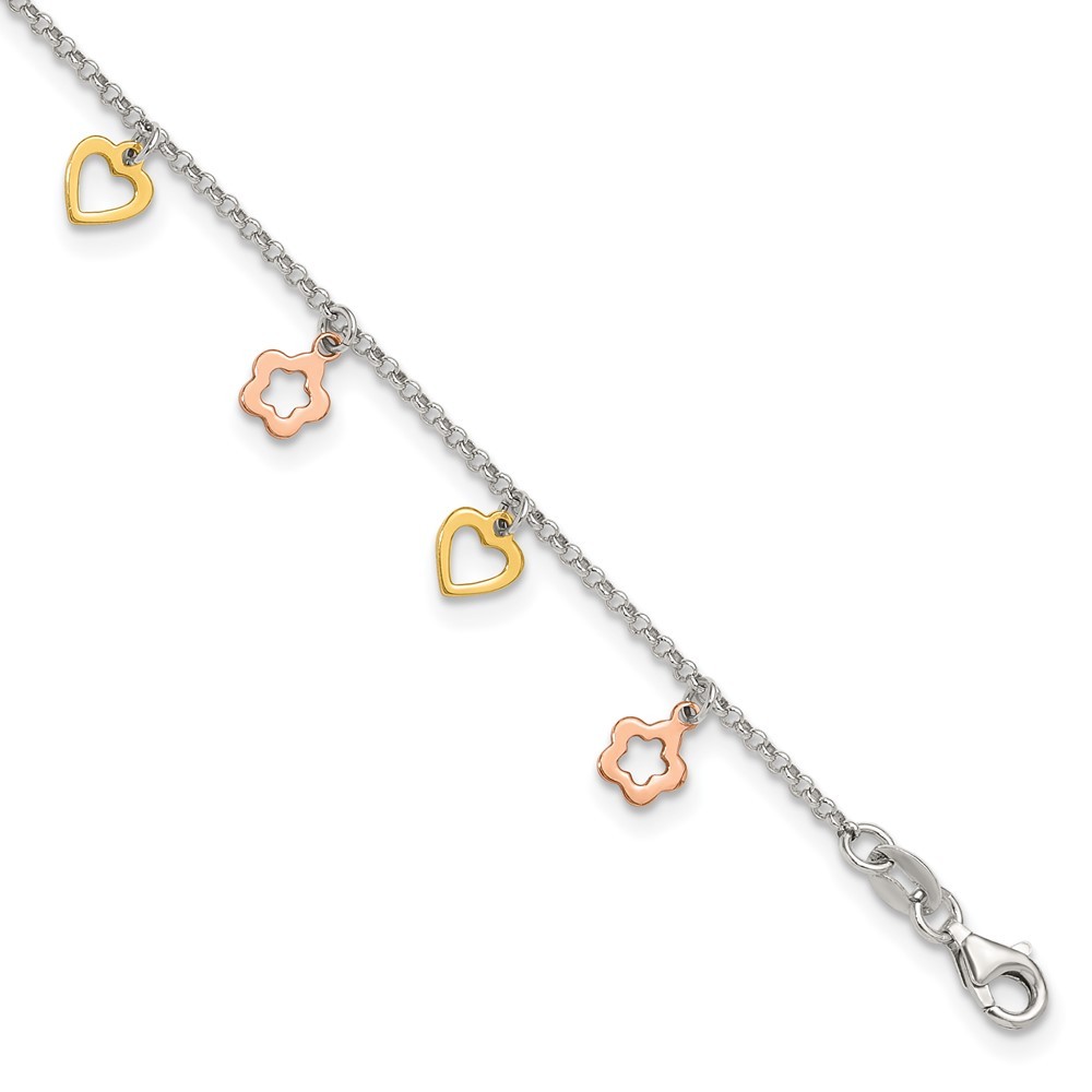 925 Sterling Silver Heart Flower Anklet w Gold & Rose Accents 9in + Extender 2.89g
