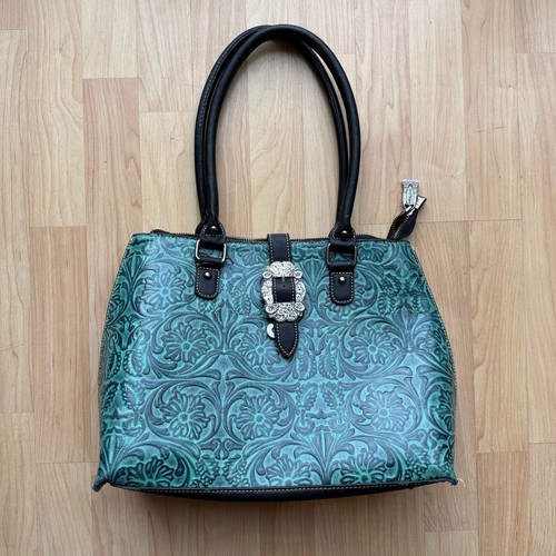 Trinity Ranch Tooled Leather Floral Turquoise Western Cowgirl Handbag Purse