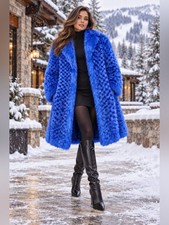 Royal Blue Longline Mink Fur Coat with Plush Shawl Collar