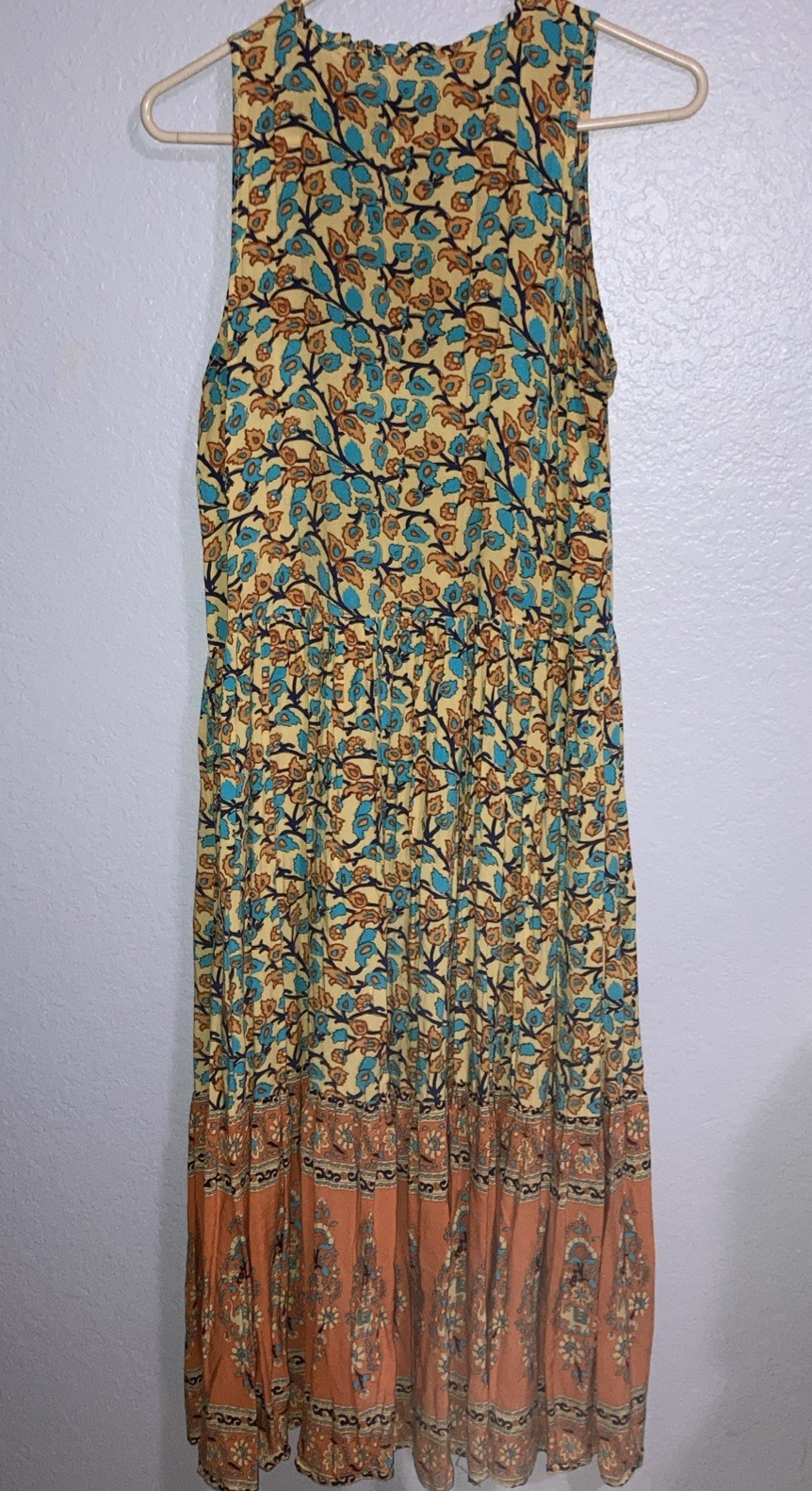 R. Vivimos Sleeveless Boho Floral Maxi Dress Festival Hippie Pleated Tiered Sz L