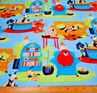 Dog Fabric By Yard SALE Party Pup House Dogs Couch Pooch Lt Blue Cotton #C